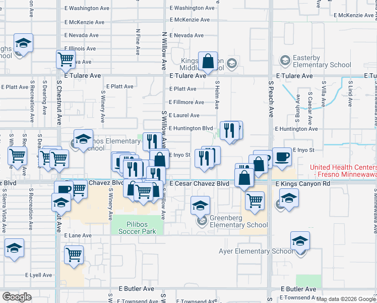 map of restaurants, bars, coffee shops, grocery stores, and more near 5041 East Inyo Street in Fresno
