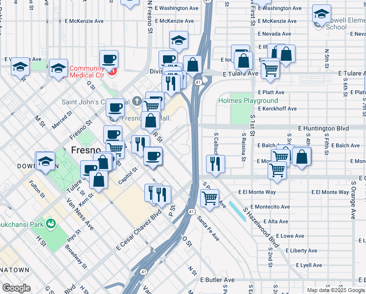 map of restaurants, bars, coffee shops, grocery stores, and more near 2890 Huntington Boulevard in Fresno
