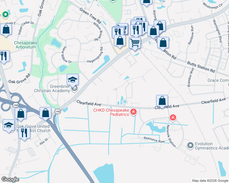 map of restaurants, bars, coffee shops, grocery stores, and more near 414 Ians Way in Chesapeake