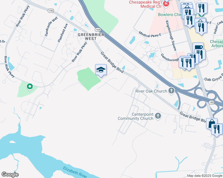 map of restaurants, bars, coffee shops, grocery stores, and more near 408 Susan Drive in Chesapeake