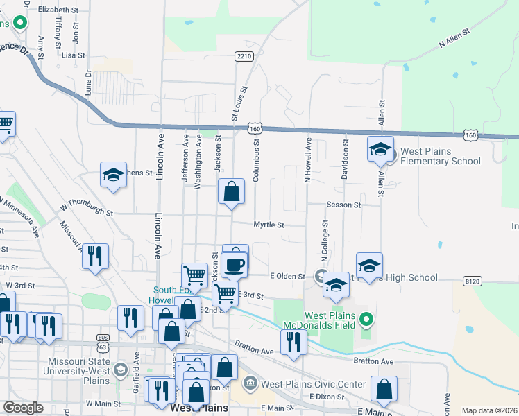 map of restaurants, bars, coffee shops, grocery stores, and more near 1-21 Newton Street in West Plains