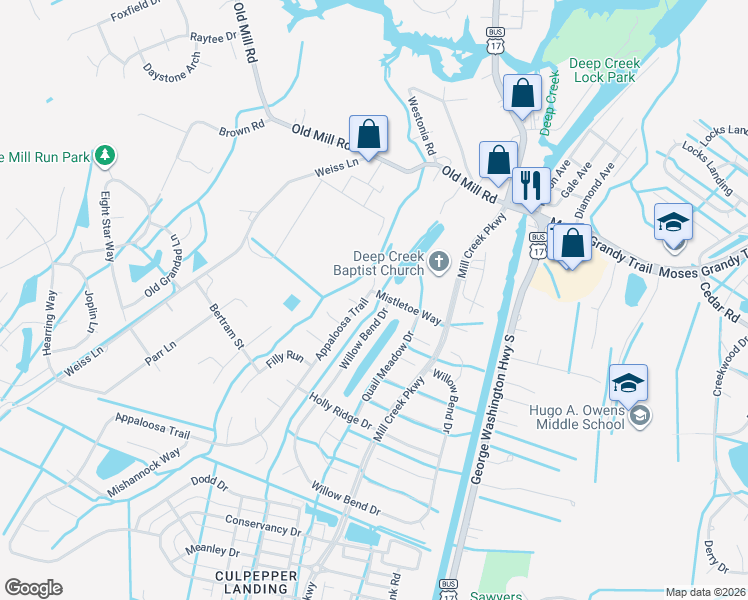 map of restaurants, bars, coffee shops, grocery stores, and more near 307 Appaloosa Trail in Chesapeake