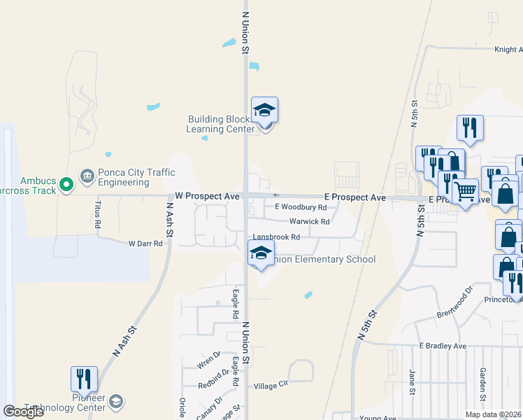 map of restaurants, bars, coffee shops, grocery stores, and more near 2904 Broughton Road in Ponca City