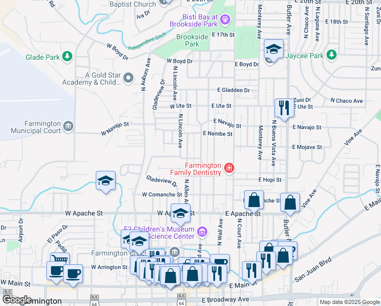map of restaurants, bars, coffee shops, grocery stores, and more near 908 North Allen Avenue in Farmington