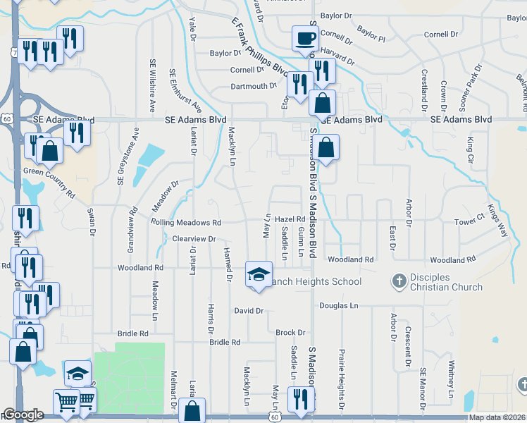 map of restaurants, bars, coffee shops, grocery stores, and more near 5006 Southeast Hazel Road in Bartlesville