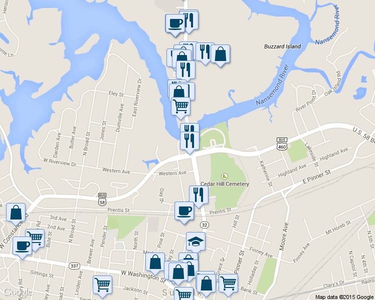 map of restaurants, bars, coffee shops, grocery stores, and more near 601 N Main St in Suffolk