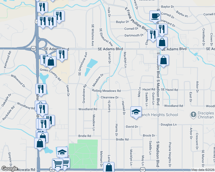 map of restaurants, bars, coffee shops, grocery stores, and more near 1125 Lariat Drive in Bartlesville