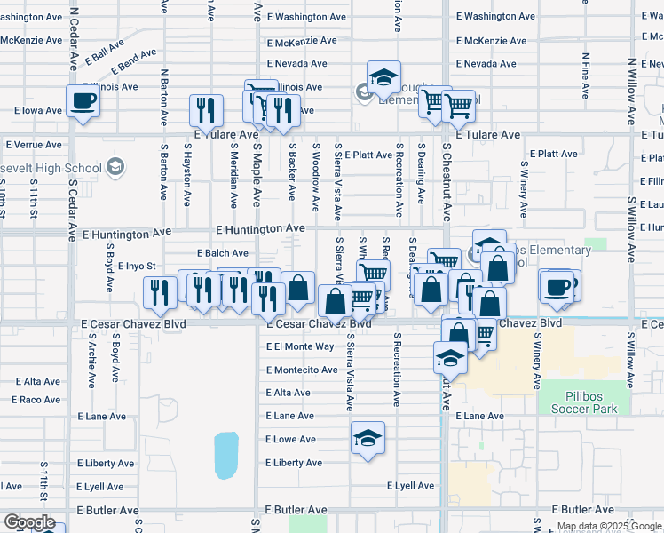 map of restaurants, bars, coffee shops, grocery stores, and more near 544 South Sierra Vista Avenue in Fresno