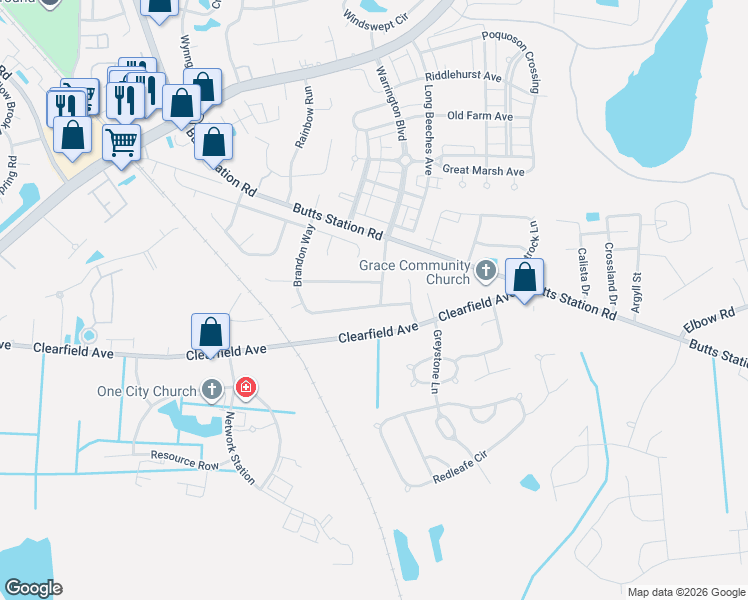 map of restaurants, bars, coffee shops, grocery stores, and more near 411 Brandon Way in Chesapeake