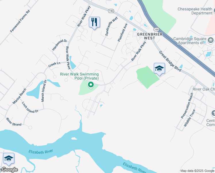 map of restaurants, bars, coffee shops, grocery stores, and more near 716 Sail Fish Quay in Chesapeake
