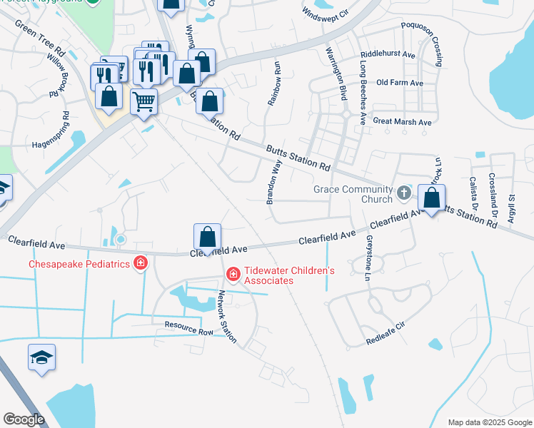 map of restaurants, bars, coffee shops, grocery stores, and more near 908 Pecan Point Court in Chesapeake