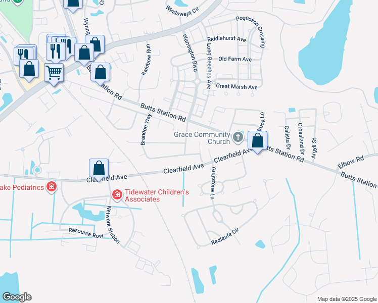map of restaurants, bars, coffee shops, grocery stores, and more near 405 Brandon Way in Chesapeake