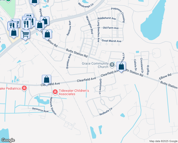 map of restaurants, bars, coffee shops, grocery stores, and more near 405 Brandon Way in Chesapeake
