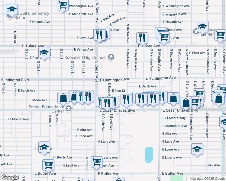 map of restaurants, bars, coffee shops, grocery stores, and more near 4521 East Inyo Avenue in Fresno