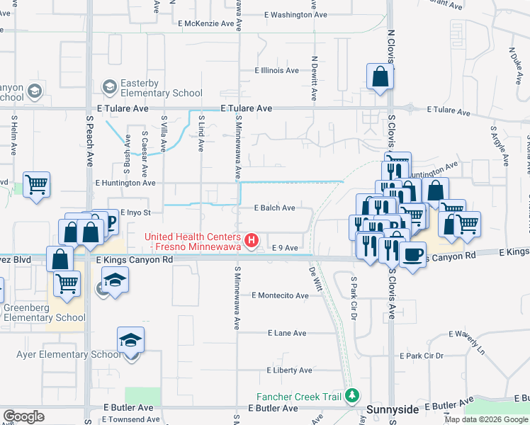 map of restaurants, bars, coffee shops, grocery stores, and more near 5436 East Balch Avenue in Fresno