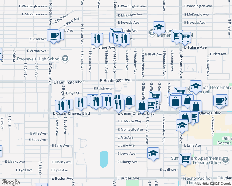 map of restaurants, bars, coffee shops, grocery stores, and more near 4609 East Inyo Street in Fresno