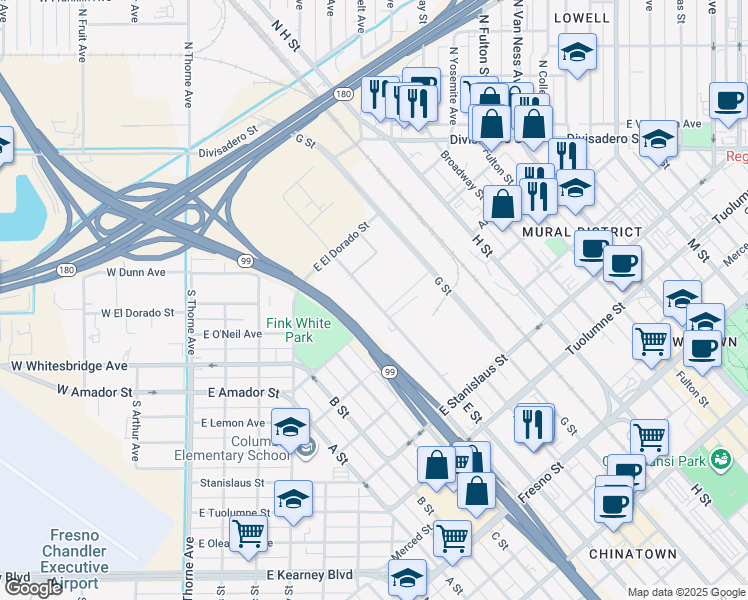 map of restaurants, bars, coffee shops, grocery stores, and more near in Fresno