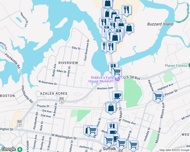 map of restaurants, bars, coffee shops, grocery stores, and more near 510 Lexington Ave in Suffolk