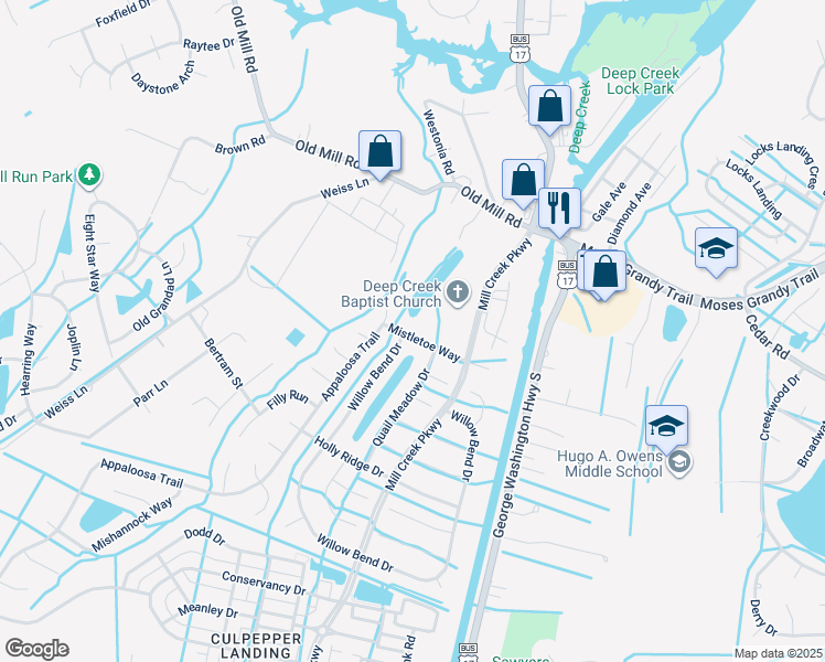 map of restaurants, bars, coffee shops, grocery stores, and more near 3228 Mistletoe Way in Chesapeake