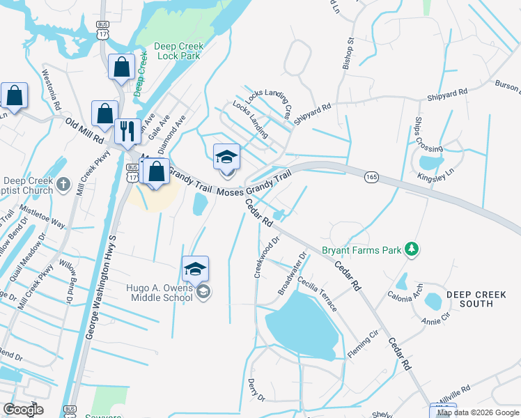 map of restaurants, bars, coffee shops, grocery stores, and more near 2322 Eagle Drive in Chesapeake