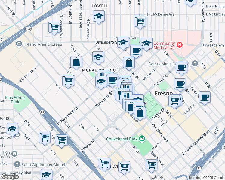 map of restaurants, bars, coffee shops, grocery stores, and more near 2009 Tuolumne Street in Fresno