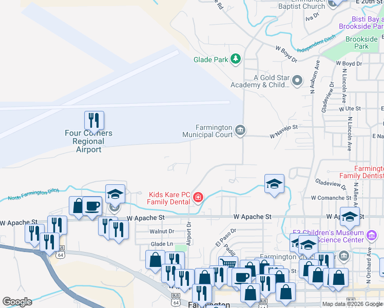 map of restaurants, bars, coffee shops, grocery stores, and more near 1015 West Navajo Street in Farmington