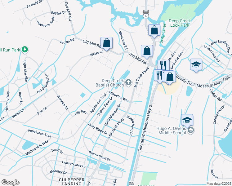 map of restaurants, bars, coffee shops, grocery stores, and more near 3228 Mistletoe Way in Chesapeake