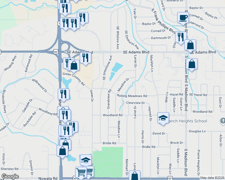 map of restaurants, bars, coffee shops, grocery stores, and more near 1058 Grandview Road in Bartlesville