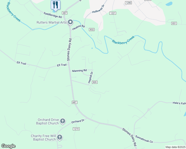map of restaurants, bars, coffee shops, grocery stores, and more near 99 Thunder Ridge Road in Bassett