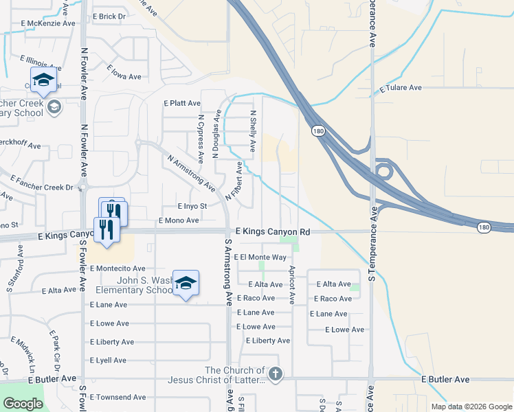 map of restaurants, bars, coffee shops, grocery stores, and more near 102 North Shelly Avenue in Fresno