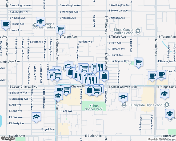map of restaurants, bars, coffee shops, grocery stores, and more near 4974 East Balch Avenue in Fresno