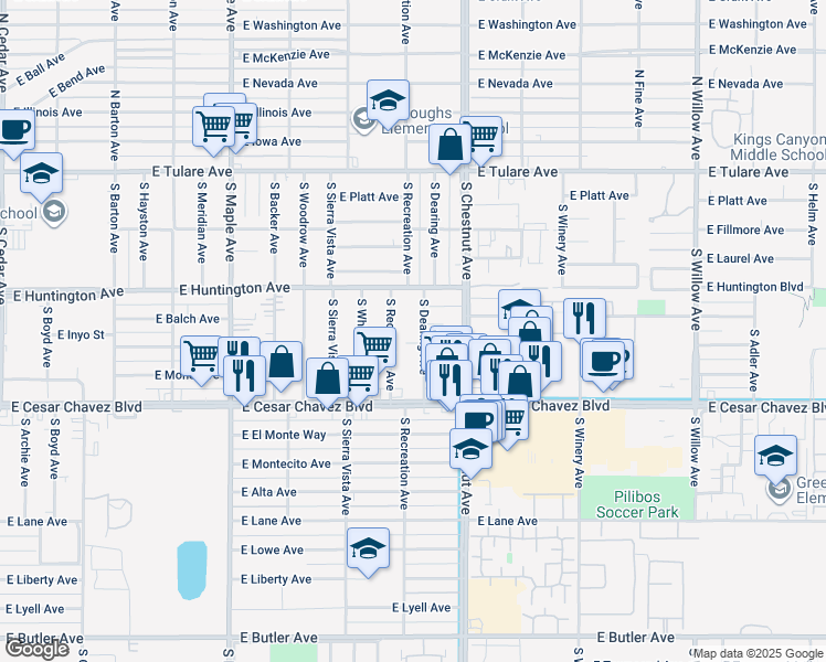 map of restaurants, bars, coffee shops, grocery stores, and more near 515 South Recreation Avenue in Fresno