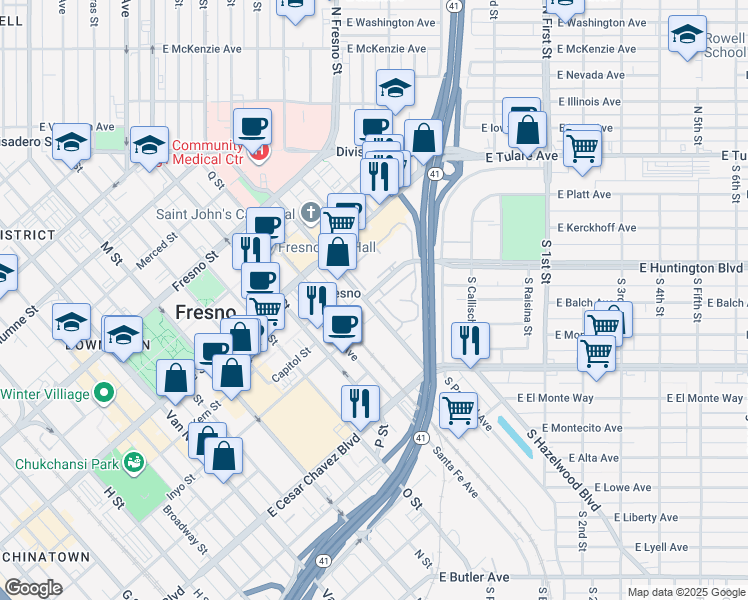 map of restaurants, bars, coffee shops, grocery stores, and more near 178 R Street in Fresno
