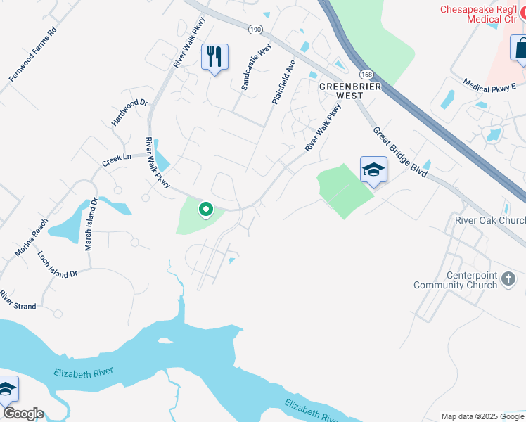 map of restaurants, bars, coffee shops, grocery stores, and more near 651 River Walk Parkway in Chesapeake