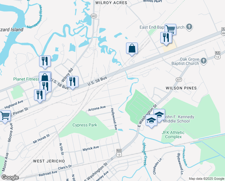 map of restaurants, bars, coffee shops, grocery stores, and more near 2201 Florida Avenue in Suffolk