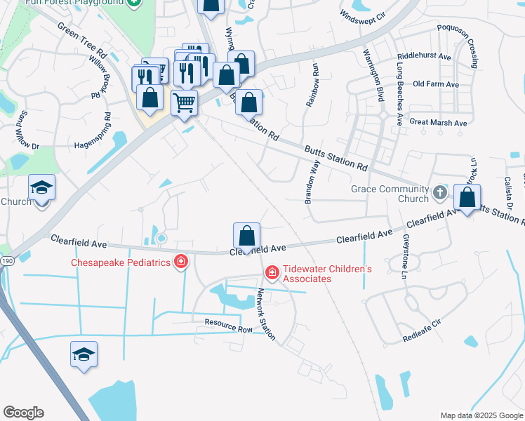 map of restaurants, bars, coffee shops, grocery stores, and more near 320 Whitehurst Landing in Chesapeake