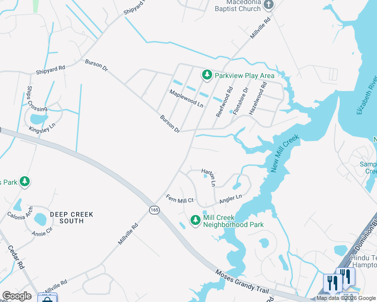 map of restaurants, bars, coffee shops, grocery stores, and more near 2027 Kinston Waters Court in Chesapeake