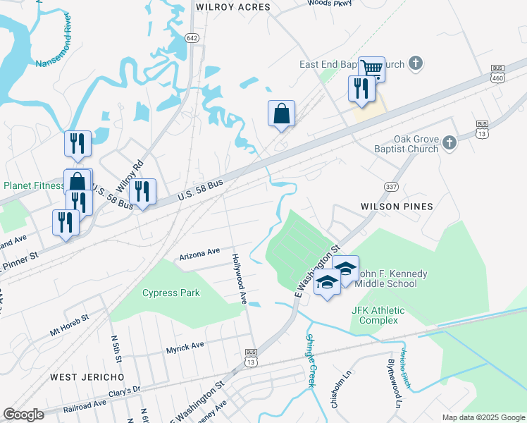 map of restaurants, bars, coffee shops, grocery stores, and more near 2219 Georgia Avenue in Suffolk
