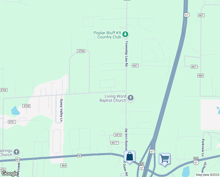 map of restaurants, bars, coffee shops, grocery stores, and more near 114 County Road 470 in Poplar Bluff