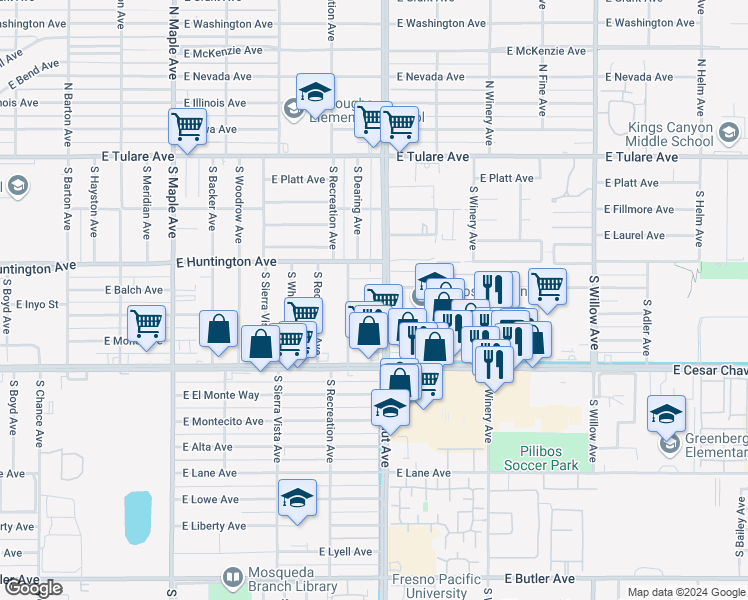 map of restaurants, bars, coffee shops, grocery stores, and more near 508 South Chestnut Avenue in Fresno
