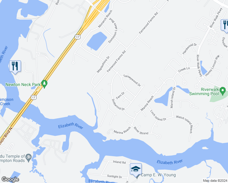 map of restaurants, bars, coffee shops, grocery stores, and more near 311 Driftwood Drive in Chesapeake