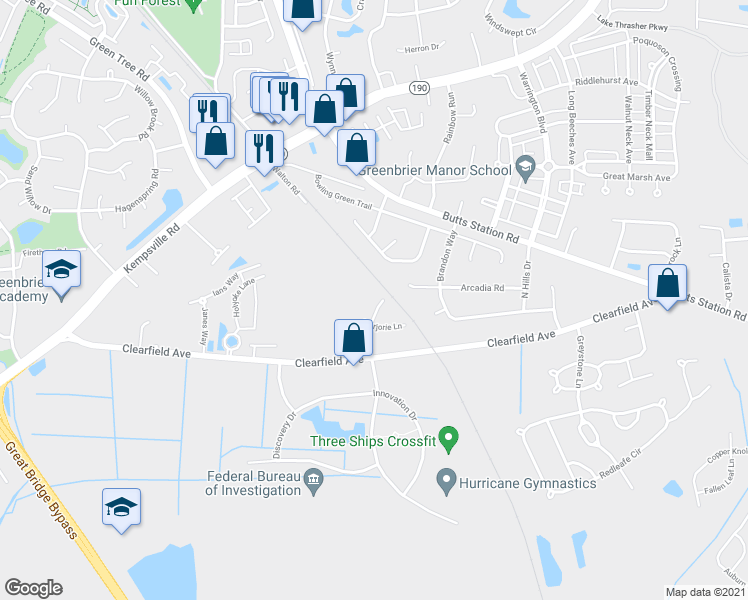 map of restaurants, bars, coffee shops, grocery stores, and more near 320 Whitehurst Landing in Chesapeake