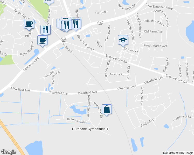 map of restaurants, bars, coffee shops, grocery stores, and more near 805 Arcadia Road in Chesapeake