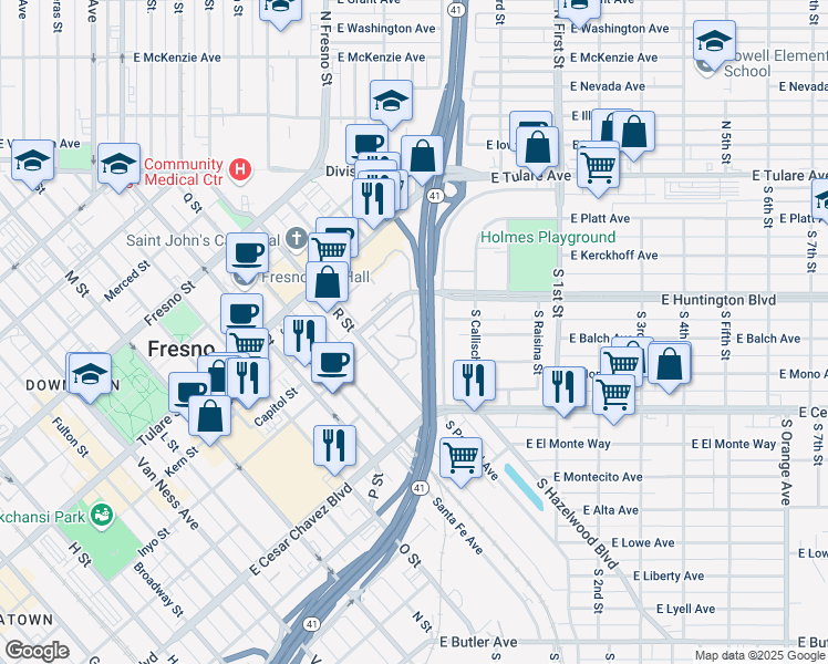 map of restaurants, bars, coffee shops, grocery stores, and more near 2890 Huntington Boulevard in Fresno