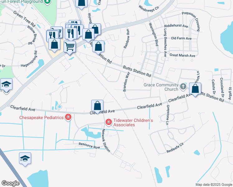 map of restaurants, bars, coffee shops, grocery stores, and more near 608 Marjorie Lane in Chesapeake