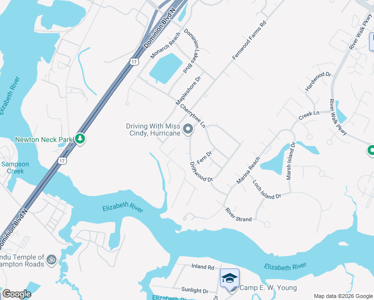 map of restaurants, bars, coffee shops, grocery stores, and more near 306 Driftwood Drive in Chesapeake