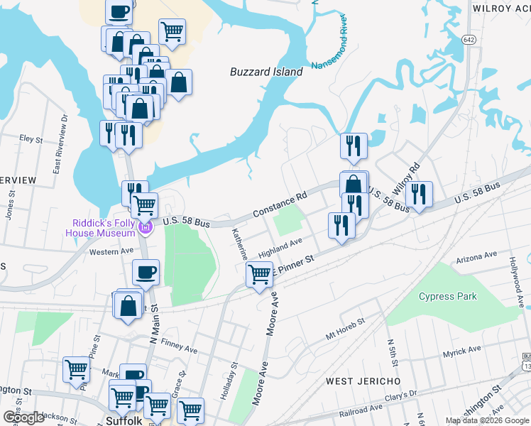 map of restaurants, bars, coffee shops, grocery stores, and more near 310 Kingsboro Street in Suffolk