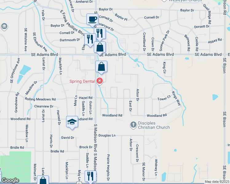 map of restaurants, bars, coffee shops, grocery stores, and more near 5 Hazel Road in Bartlesville