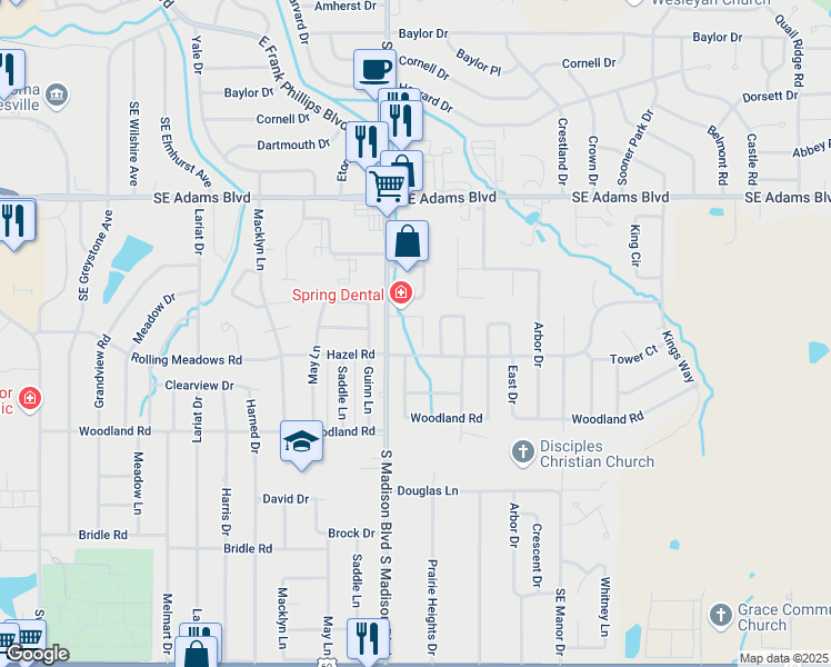 map of restaurants, bars, coffee shops, grocery stores, and more near 1100 South Madison Boulevard in Bartlesville