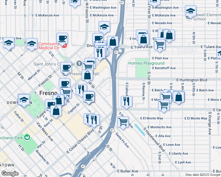 map of restaurants, bars, coffee shops, grocery stores, and more near 2890 Huntington Boulevard in Fresno